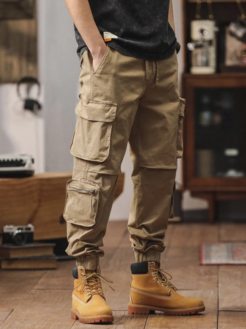 Men Cotton Multi Pocket Cargo Joggers Breathable Loose Fit Casual Pants Retro Style Outdoor Trousers Solid Color For Men