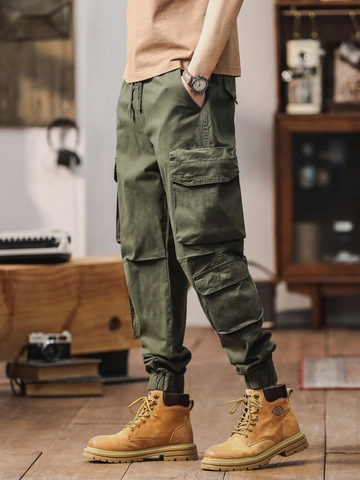 Men Cotton Multi Pocket Cargo Joggers Breathable Loose Fit Casual Pants Retro Style Outdoor Trousers Solid Color For Men