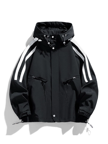 Ανδρικό Trendy Αντιανεμικό Μπουφάν Με Κουκούλα Casual Tooling Polyester Παλτό Με Φερμουάρ Και Μανίκια Με Ρίγες