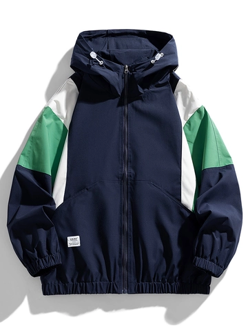 Veste à Capuche Color-block pour Hommes 100% Polyester Coupe-vent Imperméable Extérieur Décontracté Manteau Patchwork