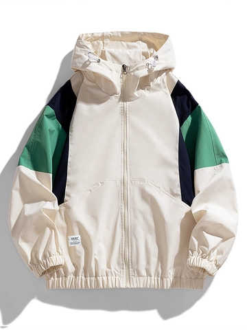 Veste à Capuche Color-block pour Hommes 100% Polyester Coupe-vent Imperméable Extérieur Décontracté Manteau Patchwork