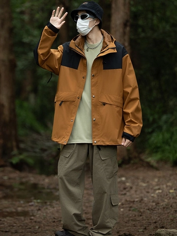 Outdoor Hooded Windbreaker Jacket For Men Women Waterproof Windproof Color Block Mountain Jacket Casual Sportswear Outwear