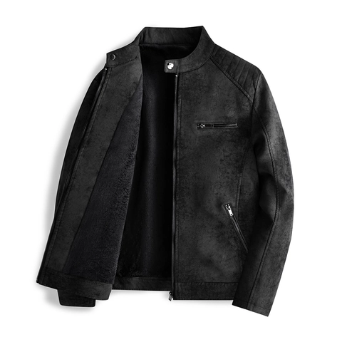 Heren Retro Fleece Gevoerde PU Leren Jas Opstaande Kraag Motorfiets Bomber Outerwear Slim Fit Gewatteerde Schouder Warme Zip Up Jas Voor Herfst Winter