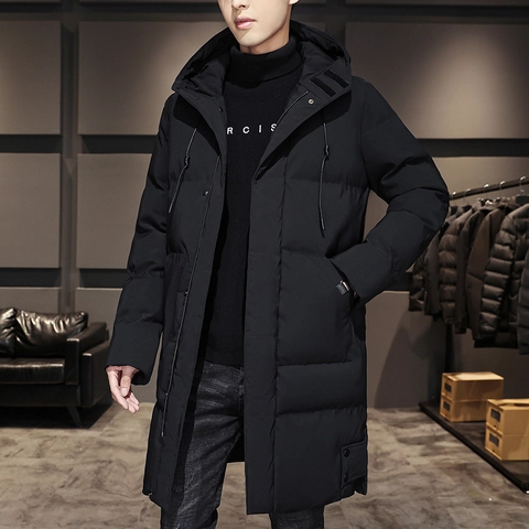 Cappotto Invernale Lungo da Uomo Con Cappuccio Piumino Ispessito Caldo Antivento Tinta Unita Parka Comodo Giacca Moda Casual