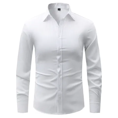 Men Business Casual Long Sleeve Shirt Polyester Spandex Blend Micro Elastic Slim Fit Solid Color Turn Down Collar Men Office Top
