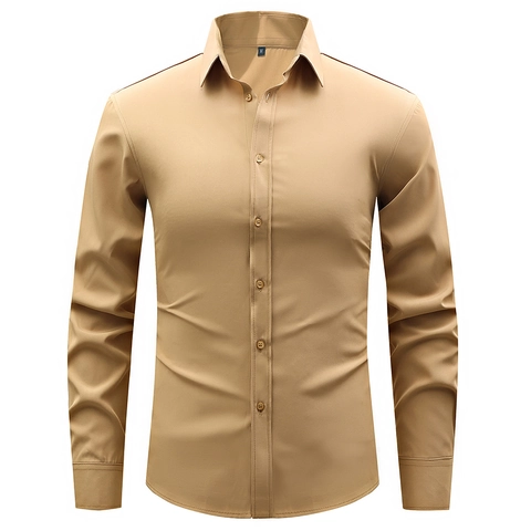 Men Business Casual Long Sleeve Shirt Polyester Spandex Blend Micro Elastic Slim Fit Solid Color Turn Down Collar Men Office Top