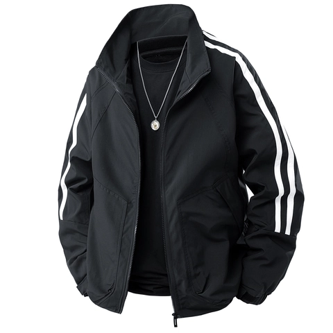 Veste Coupe Vent Décontractée pour Hommes en Poliestere Col Montant Fermeture Éclair Design à Deux Rayures sur les Manches Manteau Sport