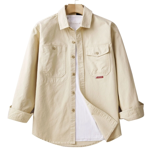 Camicia da Lavoro in Puro Cotone da Uomo Manica Lunga Giacca Utility con Bottoni Classica Tinta Unita Vintage Casual Tops