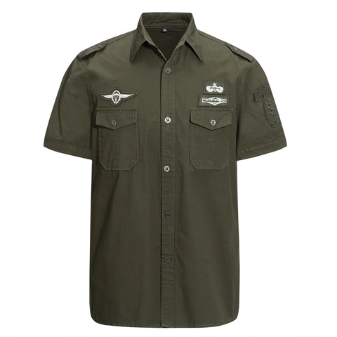 Camicia Cargo a Maniche Corte in Cotone da Uomo Stile Militare Distintivo Ricamato Casual Bottone Down Top da Lavoro Comodo