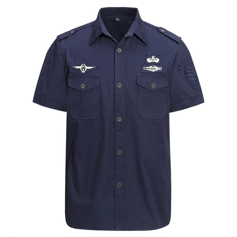 Camicia Cargo a Maniche Corte in Cotone da Uomo Stile Militare Distintivo Ricamato Casual Bottone Down Top da Lavoro Comodo