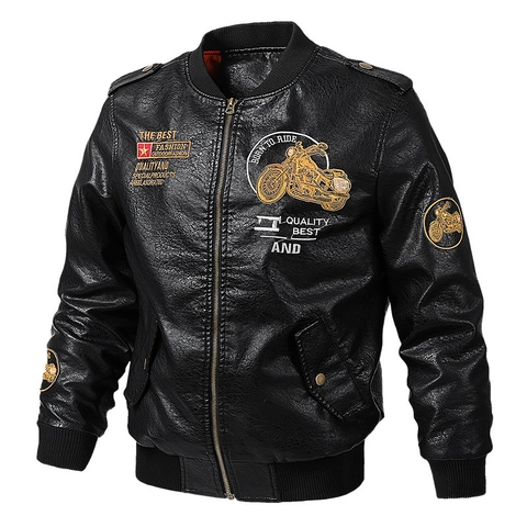 Chaqueta de Cuero PU Retro para Hombre Motero Bordado Parche Motocicleta Bomber Cortaviento Cuello Alto Abrigo Otoño Invierno