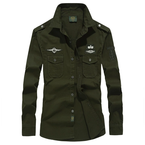 Camicia da Uomo in Stile Militare Cargo a Maniche Lunghe in Cotone con Toppe Ricamate e Bottoni Outdoor Casual Taglie Forti