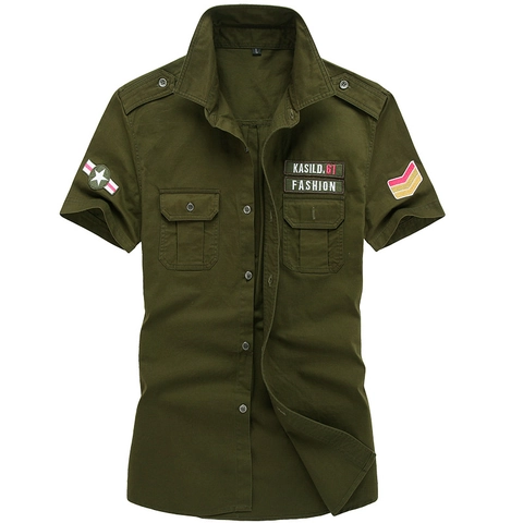 Camisa de Trabajo de Algodón de Manga Corta para Hombre Estilo Militar Cargo Con Charreteras Dobles Bolsillos Insignias Top Verano Casual