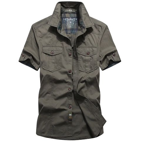 Herren 100% Baumwolle Kurzarm Cargo Hemd Casual Einfarbig Workwear Top Mit Doppelten Taschen Und Karofutter Für Herren Kleidung