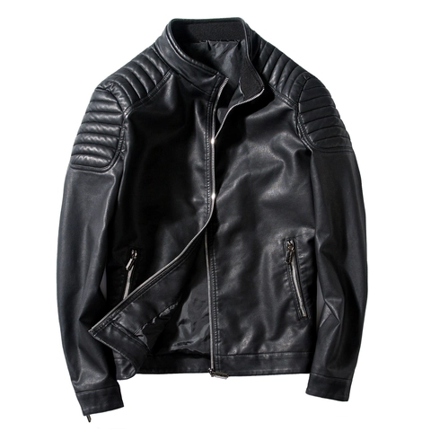 Men's PU Leather Jacket Stand Collar Slim Fit Biker Motorcycle Coat With Quilted Shoulder Details Solid Color Zipper Top