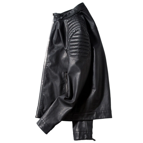 Men's PU Leather Jacket Stand Collar Slim Fit Biker Motorcycle Coat With Quilted Shoulder Details Solid Color Zipper Top