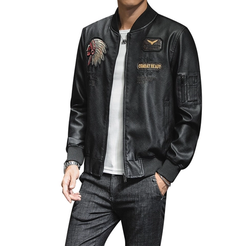 Herren Vintage PU Leder Bomberjacke Militär Stickerei Aufnäher Schlanke Passform Air Force Fliegerjacke Biker Mantel