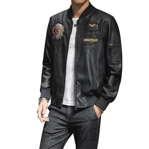 Herren Vintage PU Leder Bomberjacke Militär Stickerei Aufnäher Schlanke Passform Air Force Fliegerjacke Biker Mantel