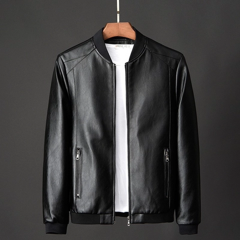 Herren PU Lederjacke Stehkragen Bomberjacke Mit Gerippten Bündchen Reißverschlusstaschen Einfarbig Casual Kunstlederjacke Für Herren