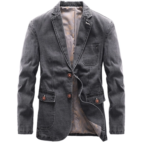 Blazer en Jean Décontracté pour Hommes Mélange de Coton Respirant Col à Revers Boutonnage Simple Multi Poches Veste Homme