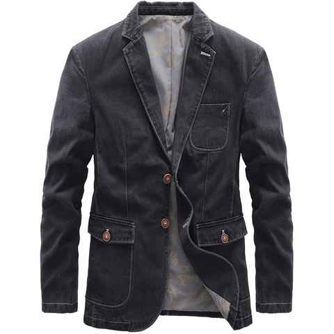 Blazer en Jean Décontracté pour Hommes Mélange de Coton Respirant Col à Revers Boutonnage Simple Multi Poches Veste Homme