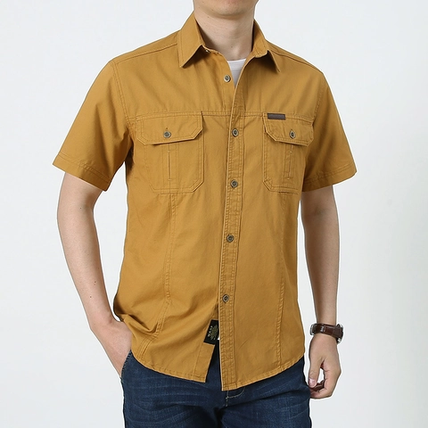 Camisa de Algodón Cargo para Hombre Manga Corta Multibolsillos Casual con Botones Fina Transpirable Talla Grande Moda Top de Verano