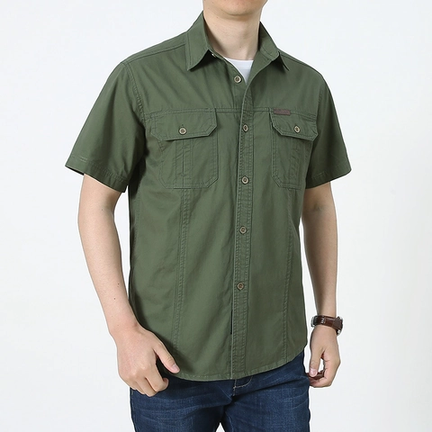 Camisa de Algodón Cargo para Hombre Manga Corta Multibolsillos Casual con Botones Fina Transpirable Talla Grande Moda Top de Verano