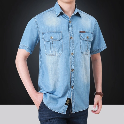 Chemise en Jean Décontractée à Manches Courtes pour Hommes Mélange de Coton Lavé Doux Respirant Top Workwear Simple Boutonnage