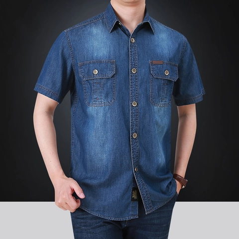 Chemise en Jean Décontractée à Manches Courtes pour Hommes Mélange de Coton Lavé Doux Respirant Top Workwear Simple Boutonnage