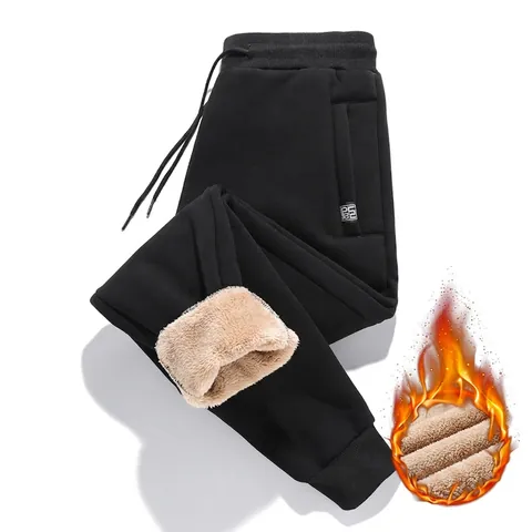 Men Winter Thickened Fleece Lined Sweatpants Loose Warm Lamb Wool Joggers Casual Cotton Plus Size Tapered Straight Leg Pants