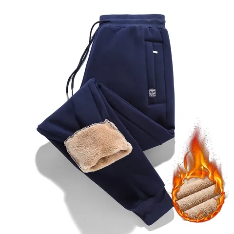 Men Winter Thickened Fleece Lined Sweatpants Loose Warm Lamb Wool Joggers Casual Cotton Plus Size Tapered Straight Leg Pants