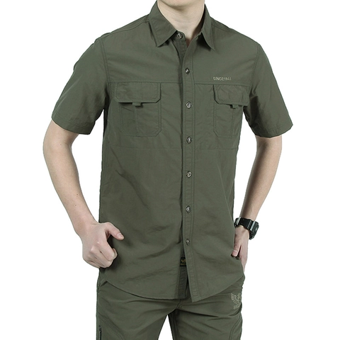 Camisa de Manga Corta de Secado Rápido para Hombre Casual Ropa de Trabajo Camisa Táctica con Bolsillos Tops de Senderismo