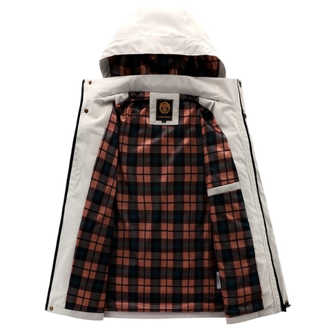 Men's Casual Hooded Parka Jacket Windbreaker Multi-Pocket Outdoor Coat Plaid Lining Regular Fit Polyester Sporty Outerwear