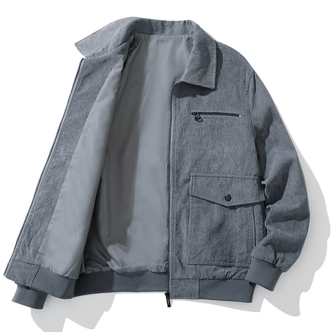 Men's Corduroy Fleece Lined Jacket Warm Winter Padded Coat Cargo Workwear Style Lapel Zipper Outerwear Top For Men