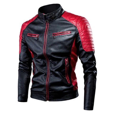 Mens Faux Leather Motorcycle Jacket Contrast Color Stitching Stand Collar Zipper Biker Coat Slim Fit Vintage Warm Outwear