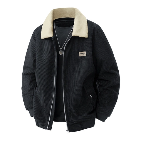 Herren Vintage Cordjacke Mit Sherpa-Fleece-Kragen Warme Winter Dicke Oberbekleidung Casual Loose Fit Reißverschluss Workwear Mantel
