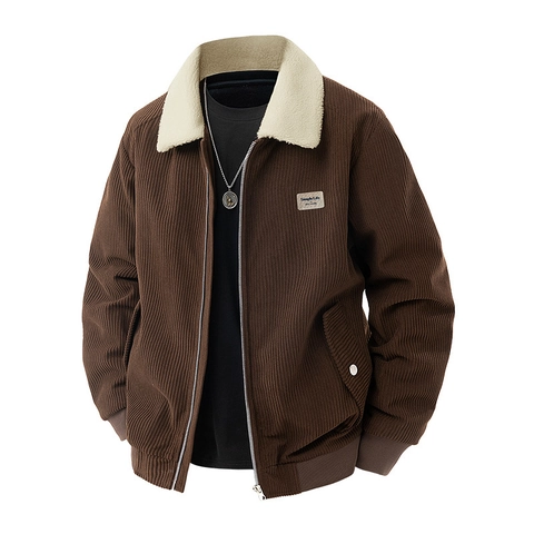 Herren Vintage Cordjacke Mit Sherpa-Fleece-Kragen Warme Winter Dicke Oberbekleidung Casual Loose Fit Reißverschluss Workwear Mantel