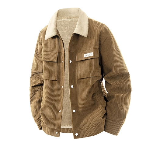 Chaqueta de Pana Retro para Hombre Forrada de Borreguito Abrigo de Invierno Cálido Bolsillos Cargo Casual Solapa Botones