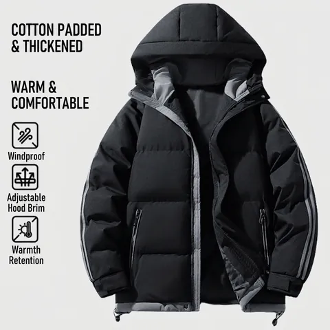 Men Thickened Hooded Padded Jacket Winter Warm Windproof Loose Fit Solid Color Polyester Filling Streetwear Puffer Coat