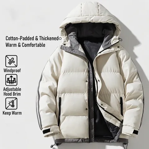 Men Thickened Hooded Padded Jacket Winter Warm Windproof Loose Fit Solid Color Polyester Filling Streetwear Puffer Coat