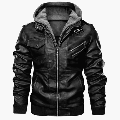 Veste en Cuir PU pour Homme Avec Capuche Amovible Fermeture Éclair Moto Motard Outwear Multi Poches Poignets Nervurés Manteau Décontracté