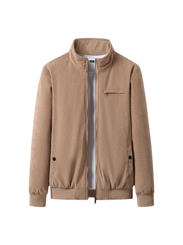 Men's Winter Corduroy Jacket Fleece Lined Thickened Stand Collar Warm Outerwear Casual Solid Color Zipper Coat Ribbed Cuffs