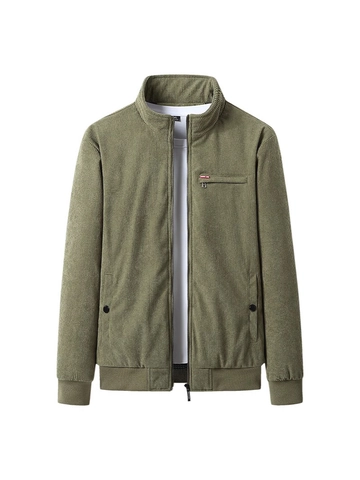 Men's Winter Corduroy Jacket Fleece Lined Thickened Stand Collar Warm Outerwear Casual Solid Color Zipper Coat Ribbed Cuffs