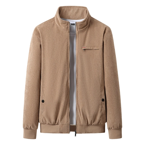 Men's Winter Corduroy Padded Jacket Fleece Lined Thick Stand Collar Zipper Casual Warm Outerwear Solid Color Coat