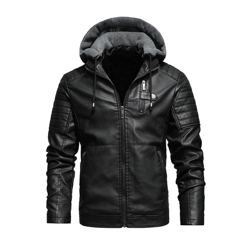 Chaqueta de Cuero PU Vintage para Hombre Con Capucha Forro de Felpa Cálida Moto Acolchada Abrigo Cortavientos Con Bolsillos de Cremallera