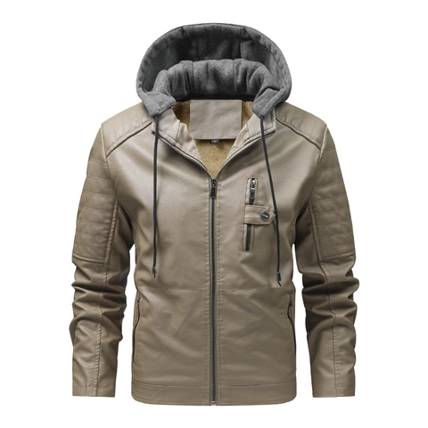 Chaqueta de Cuero PU Vintage para Hombre Con Capucha Forro de Felpa Cálida Moto Acolchada Abrigo Cortavientos Con Bolsillos de Cremallera