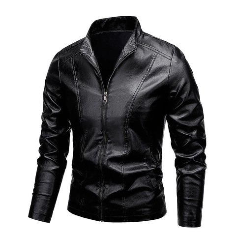 Men's PU Leather Jacket Slim Fit Stand Collar Motorcycle Coat Fashion Solid Color Zip Up Outerwear For Daily Casual Wear