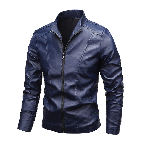 Men's PU Leather Jacket Slim Fit Stand Collar Motorcycle Coat Fashion Solid Color Zip Up Outerwear For Daily Casual Wear