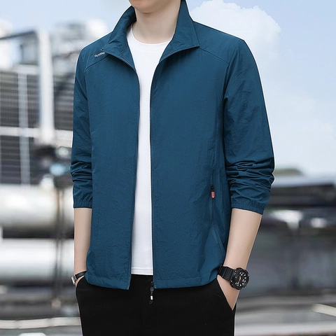 Men Sun Protection Jacket Ice Silk Breathable UV Protection Stand Collar Lightweight Outdoor Windbreaker Coat Outerwear