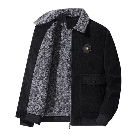Men's Corduroy Jacket Fleece Lined Heavyweight Winter Coat With Faux Lamb Wool Lapel Collar Zipper Sherpa Trucker Jacket